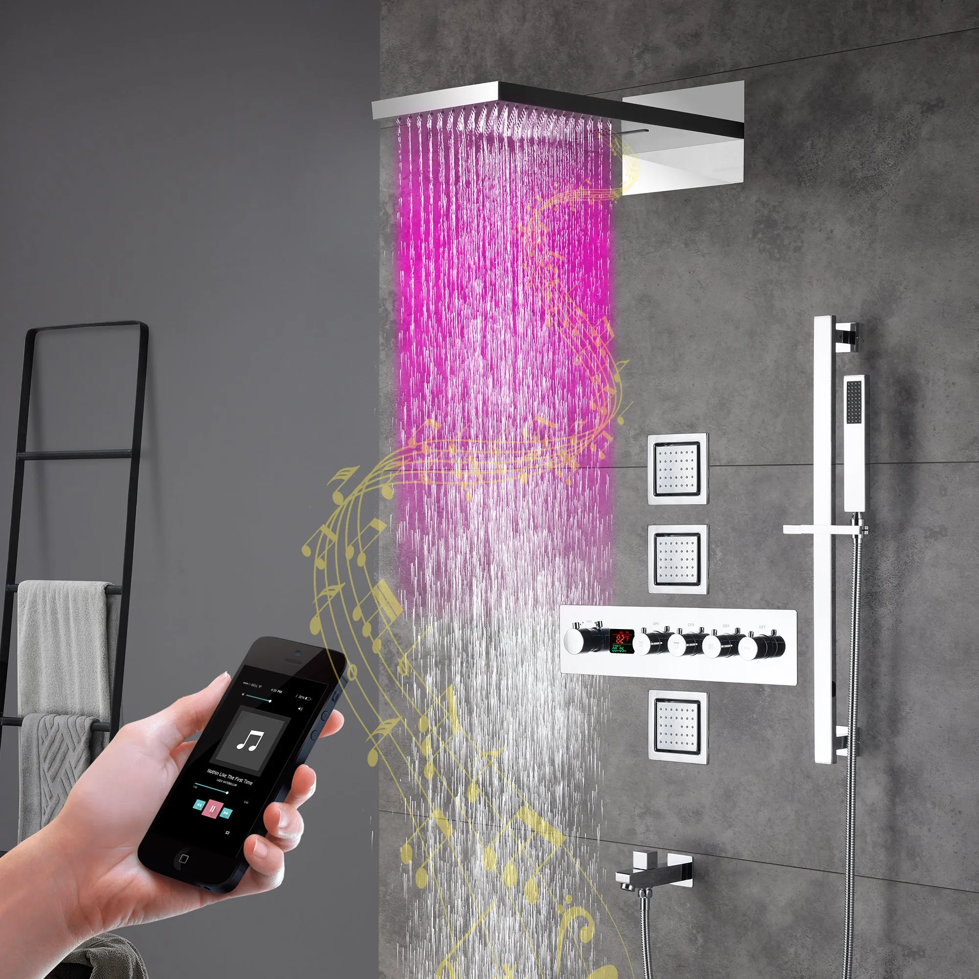 Arial| Rainfall Waterfall Wall Mounted Thermostatic LED Music Shower System with Large Body Jets Shower System