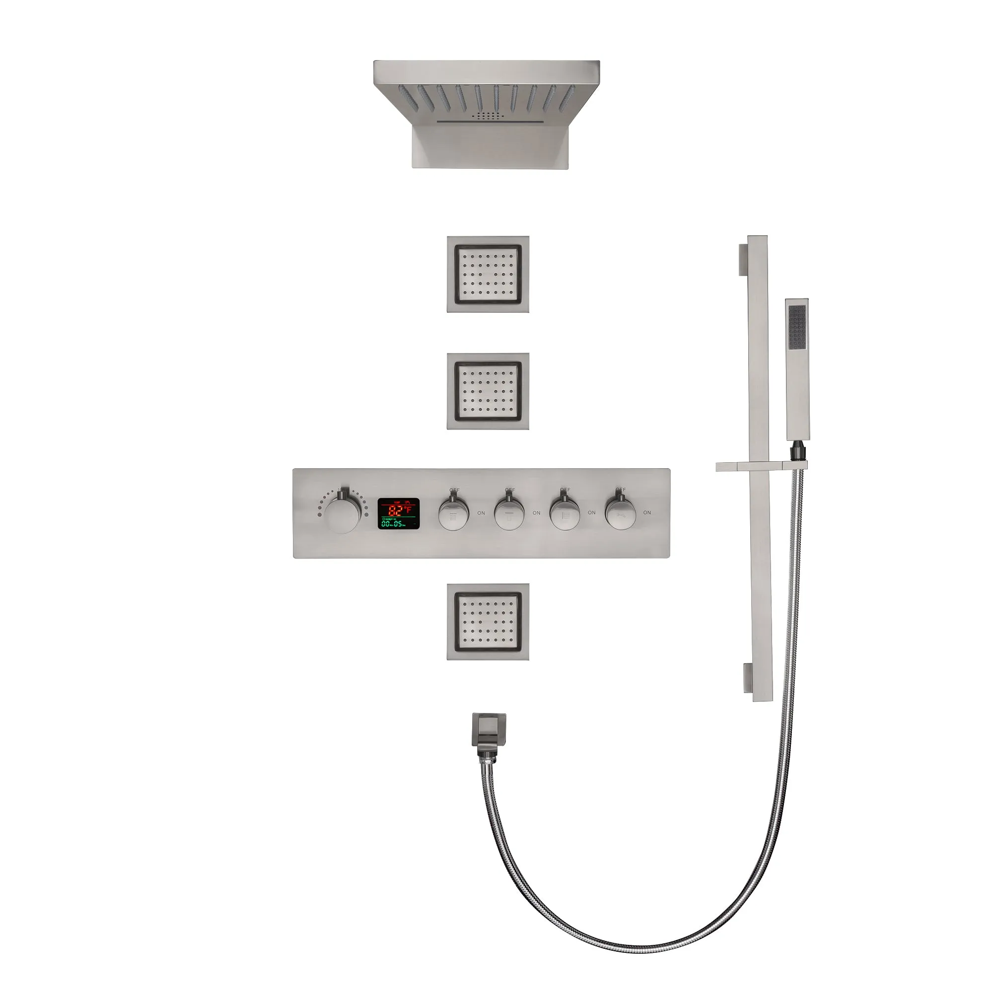 Arial| Rainfall Waterfall Wall Mounted Thermostatic LED Music Shower System with Large Body Jets Shower System