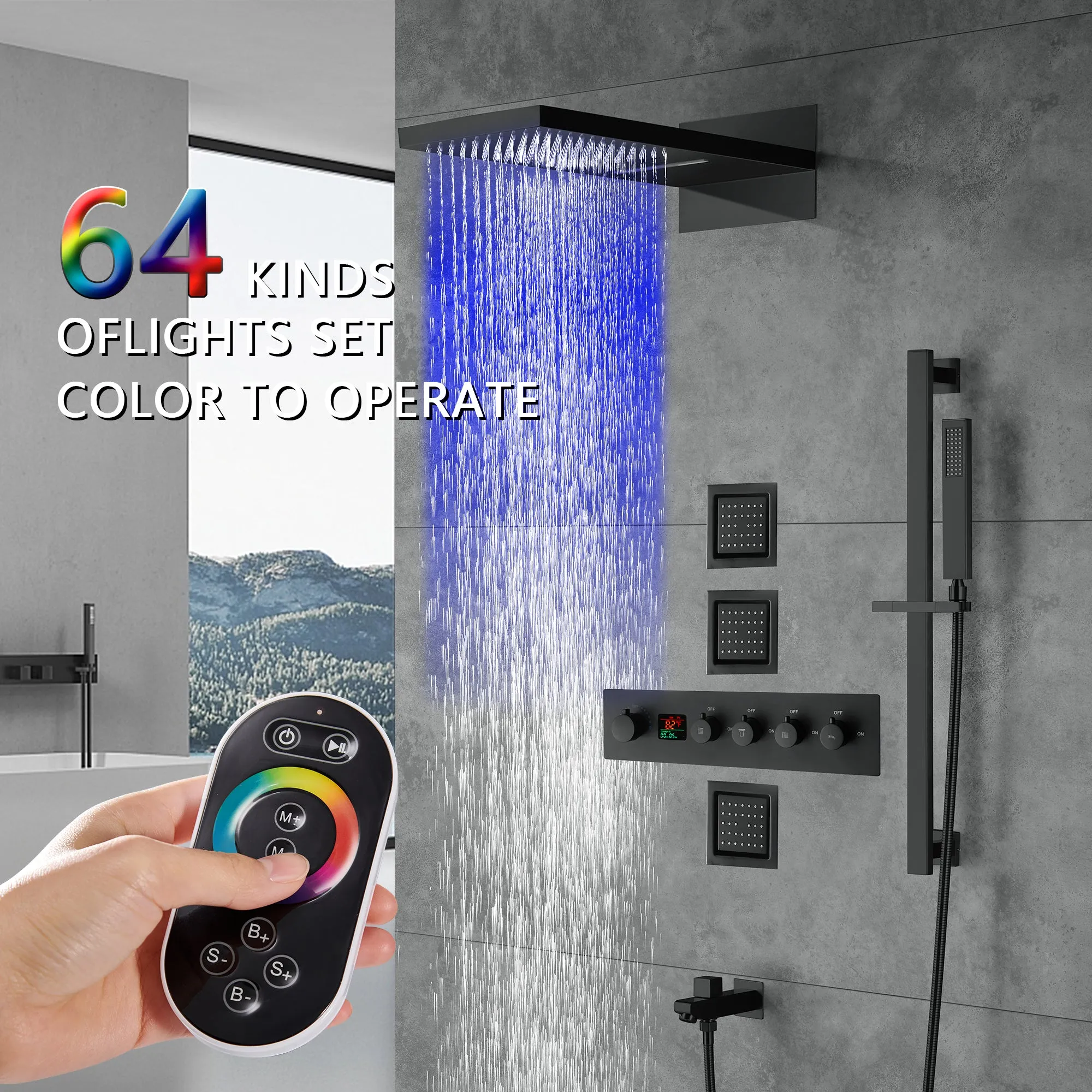 Arial| Rainfall Waterfall Wall Mounted Thermostatic LED Music Shower System with Large Body Jets Shower System