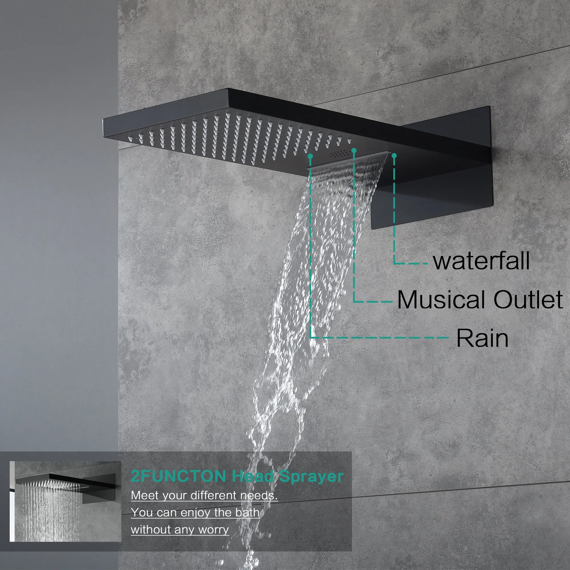 Arial| Rainfall Waterfall Wall Mounted Thermostatic LED Music Shower System with Large Body Jets Shower System