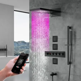 Arial| Rainfall Waterfall Wall Mounted Thermostatic LED Music Shower System with Large Body Jets Shower System