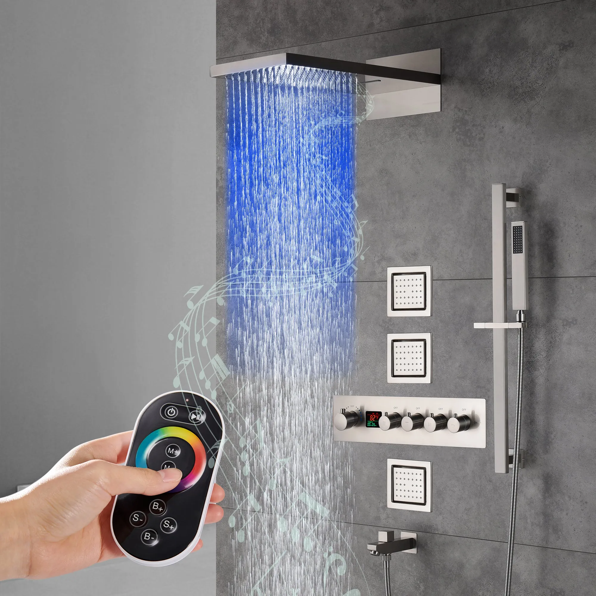 Arial| Rainfall Waterfall Wall Mounted Thermostatic LED Music Shower System with Large Body Jets Shower System