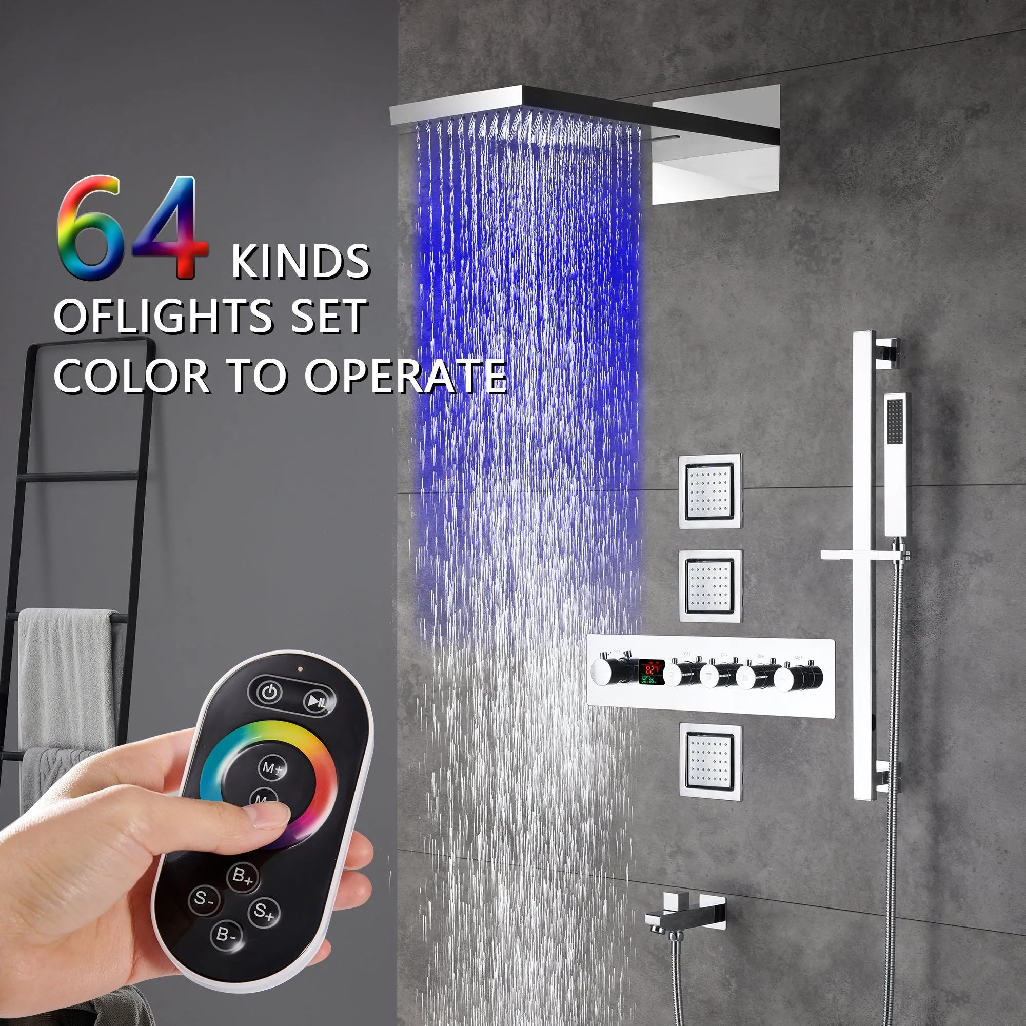 Arial| Rainfall Waterfall Wall Mounted Thermostatic LED Music Shower System with Large Body Jets Shower System