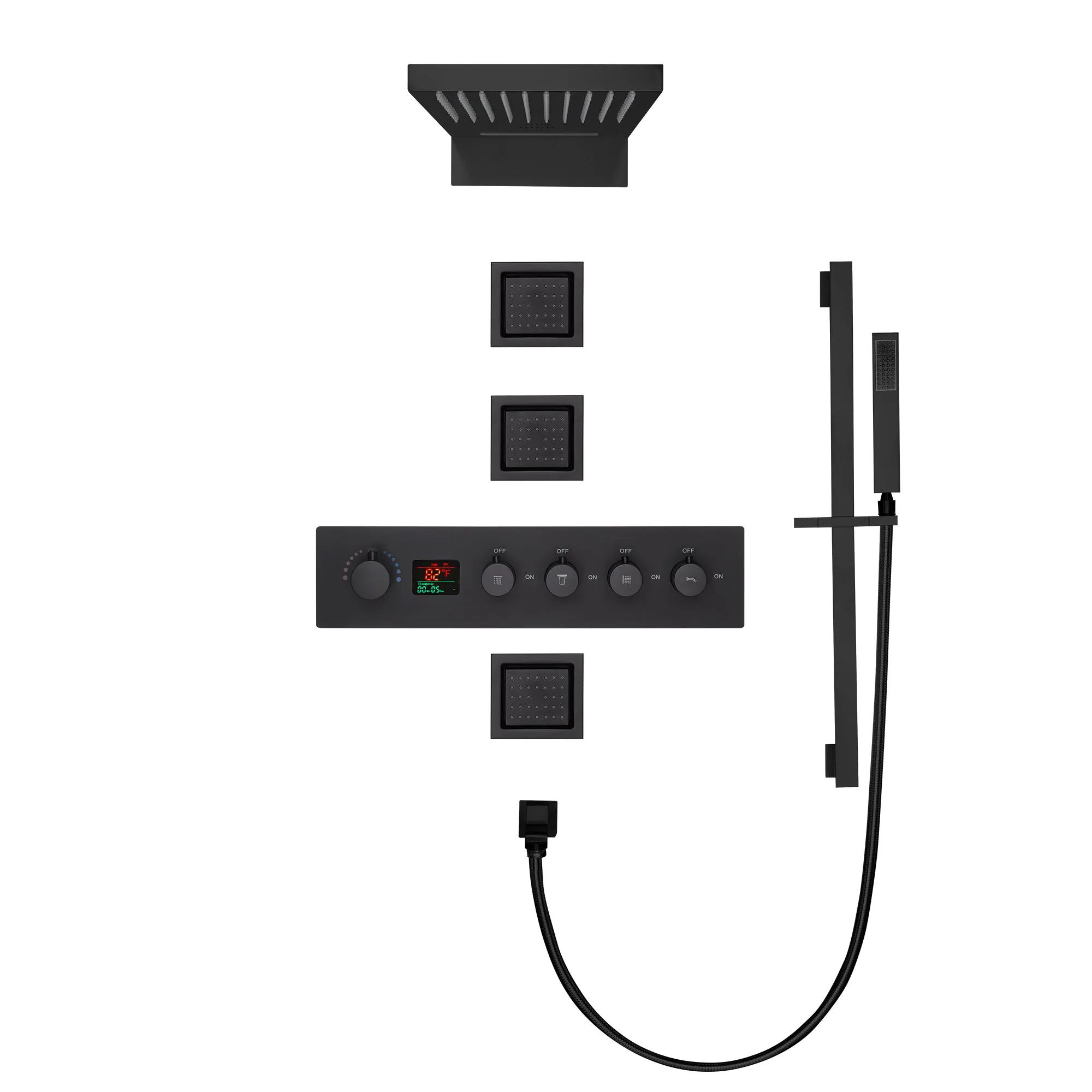 Arial| Rainfall Waterfall Wall Mounted Thermostatic LED Music Shower System with Large Body Jets Shower System