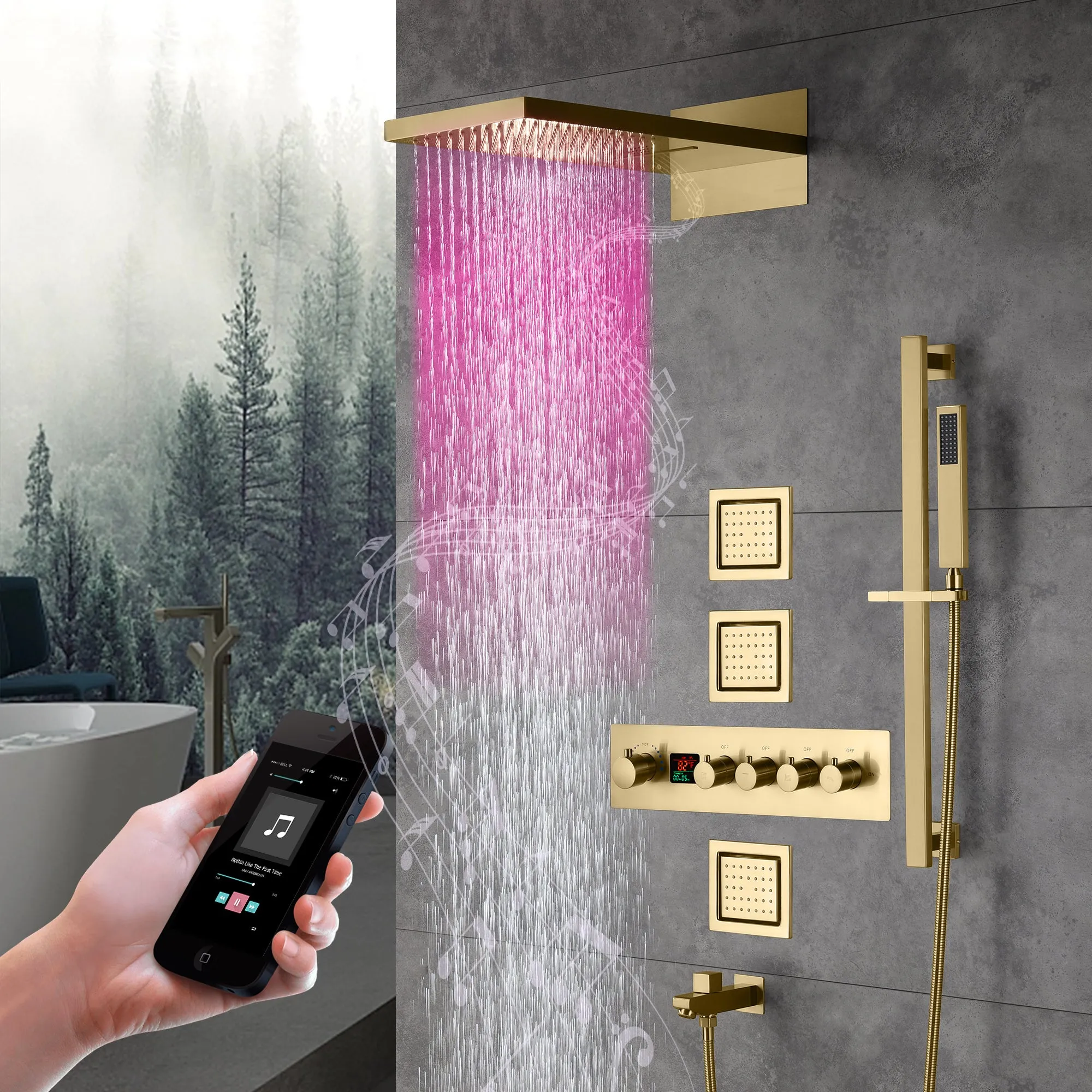 Arial| Rainfall Waterfall Wall Mounted Thermostatic LED Music Shower System with Large Body Jets Shower System