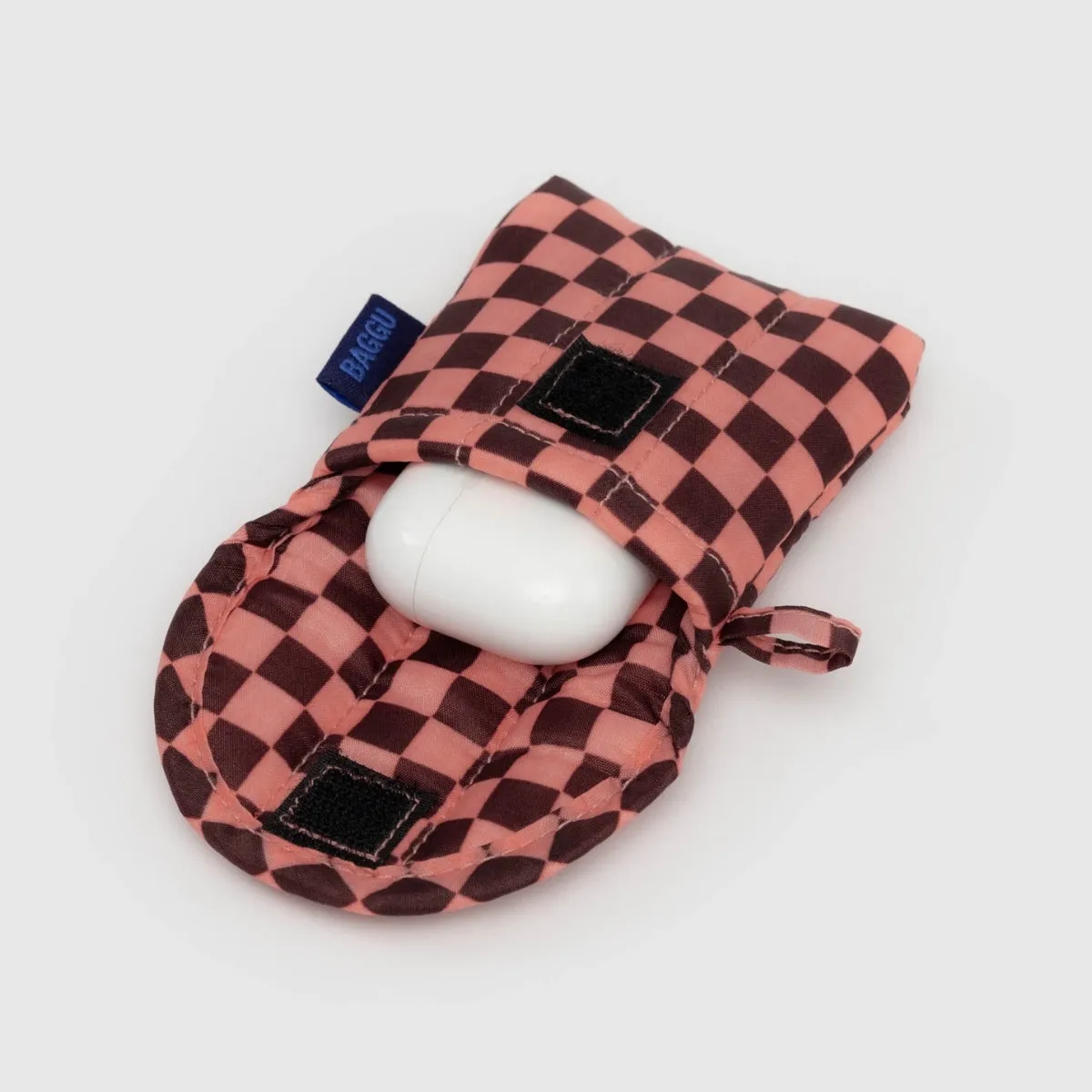 Baggu Puffy Earbuds Case in Pink Brown Check