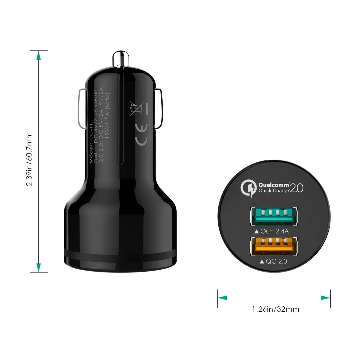 CC-T1 Qualcomm Quick Charge 2.0 30W 2 Port USB Car Charger