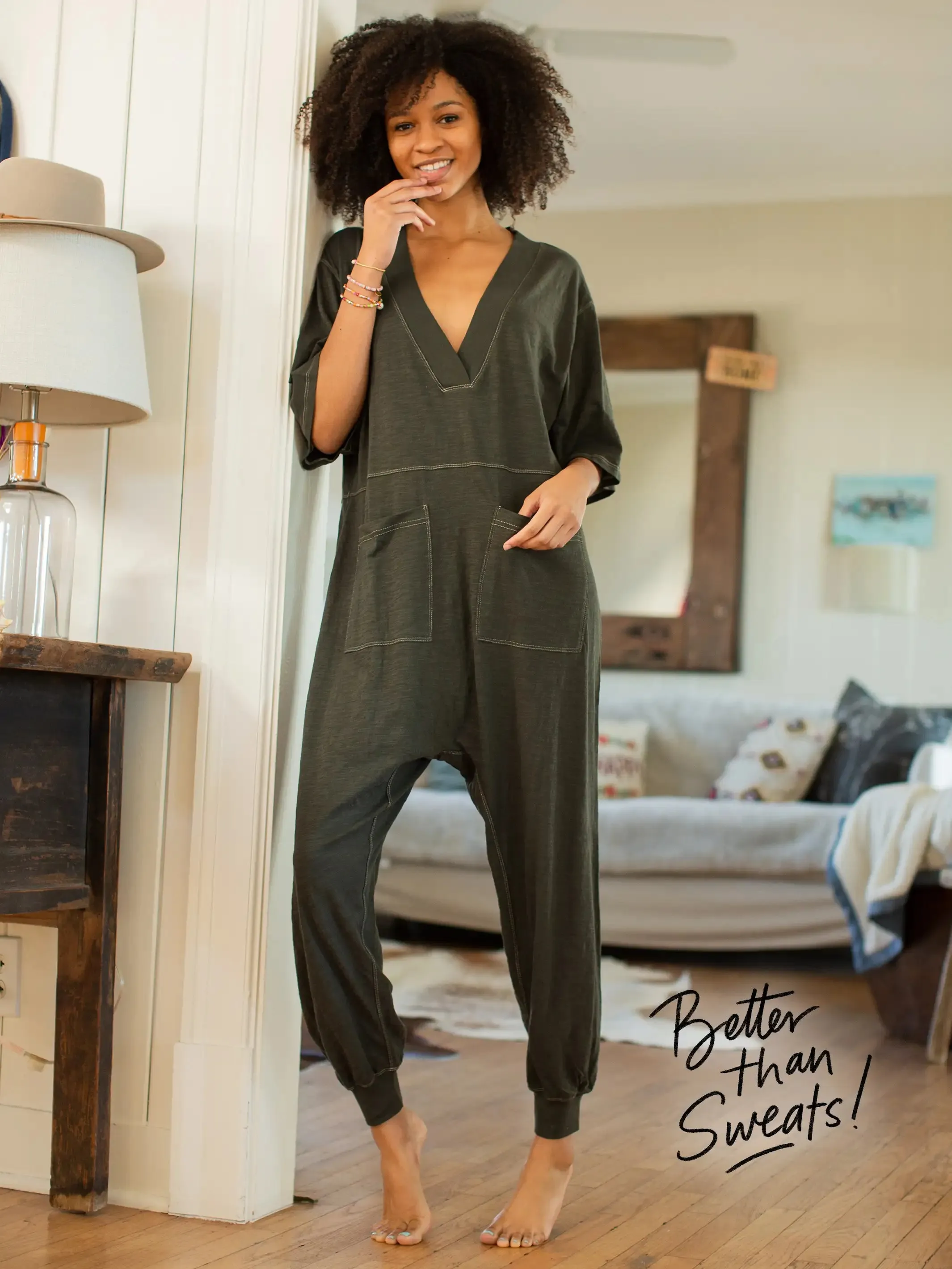 Charlie Cotton V-Neck Jumpsuit - Charcoal