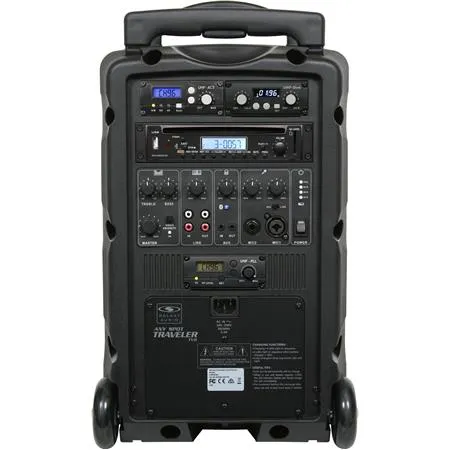 Galaxy Audio Any Spot Traveler TV8 2-Way 120W Portable PA System with RM-CD CD/MP3 Player/AS-TV8TX Audio Link Transmitter/TV5-REC Single UHF Receiver/TVMBP Bodypack Transmitter and HS-U3BK Headset Microphone - 8"