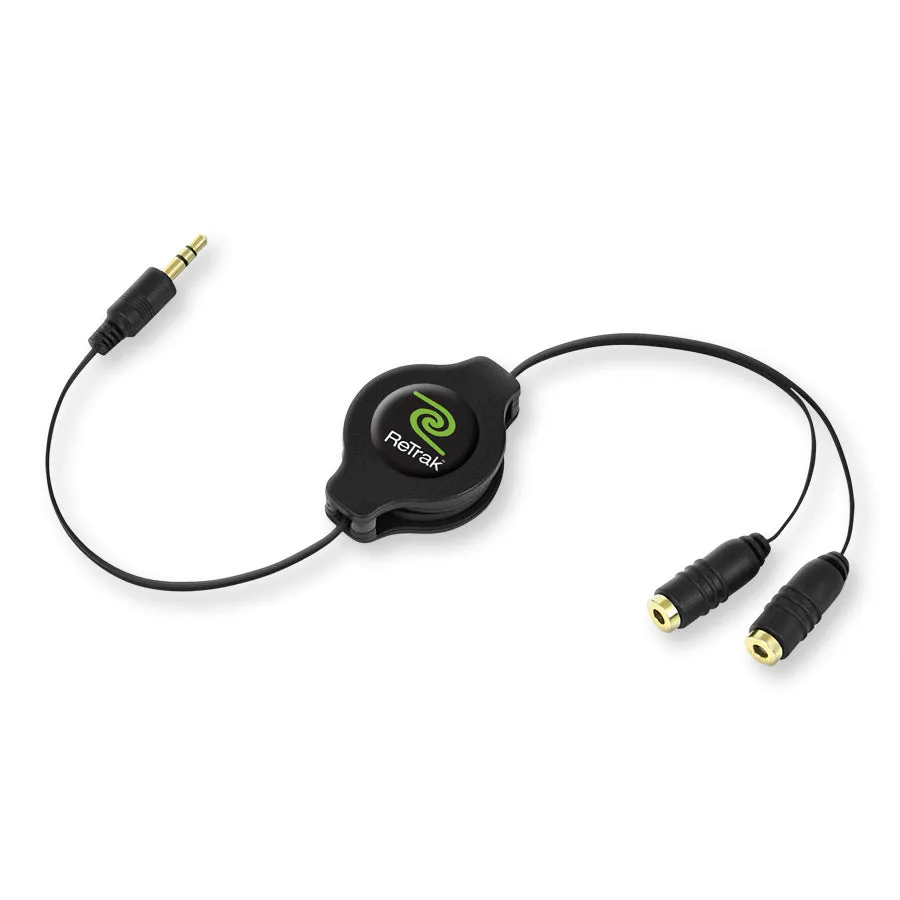 Headphone Splitter | Audio Splitter | Retractable Cord | Black