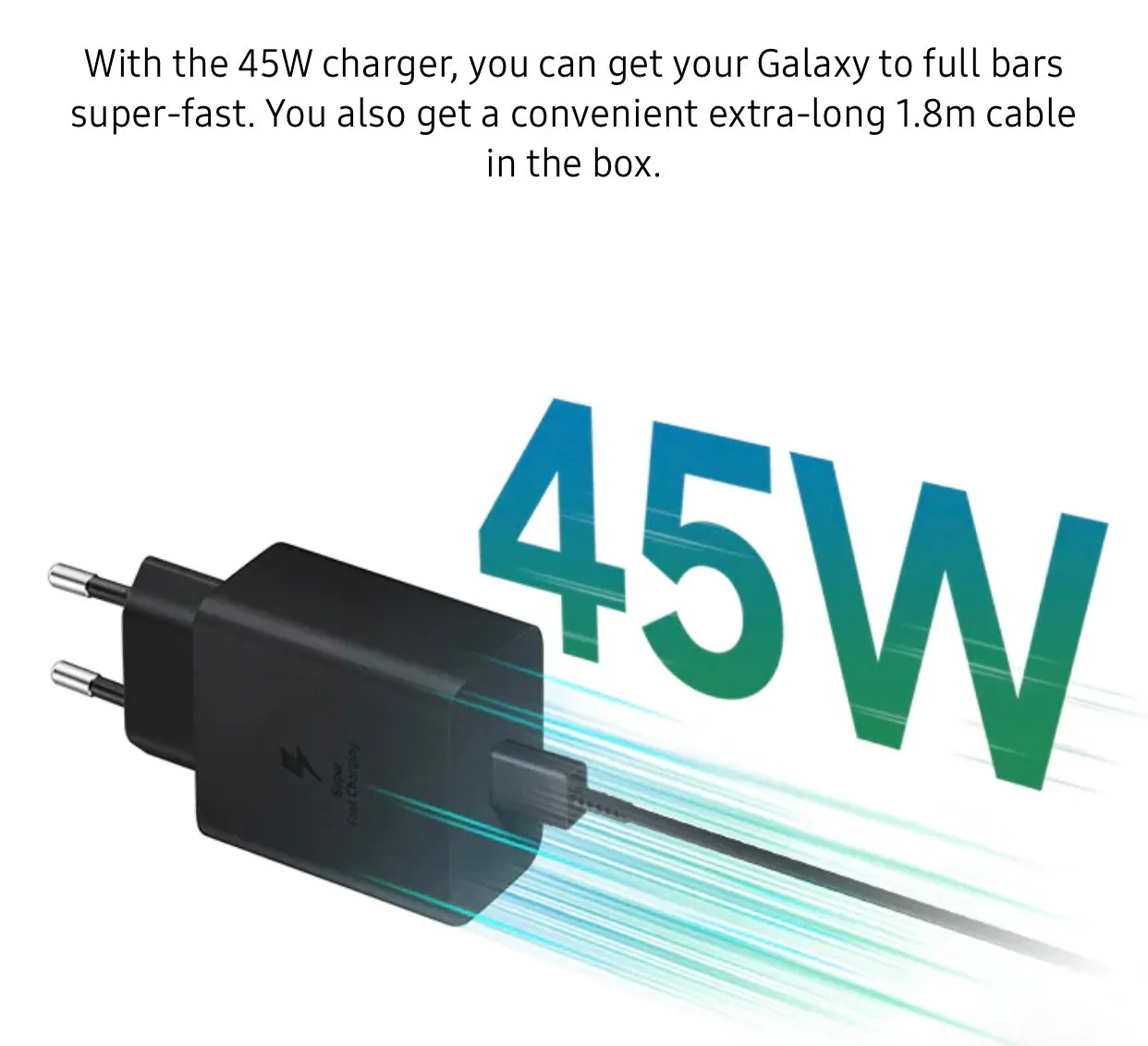 <div style="font-size:80%">Samsung 45W Type-C<br>Super Fast Charger 2.0<br>(Include 1.8m Type-C Cable)</font></div>