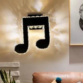 Minimalist LED Wall Lamp with Faceted Crystal Music Note Design - Black