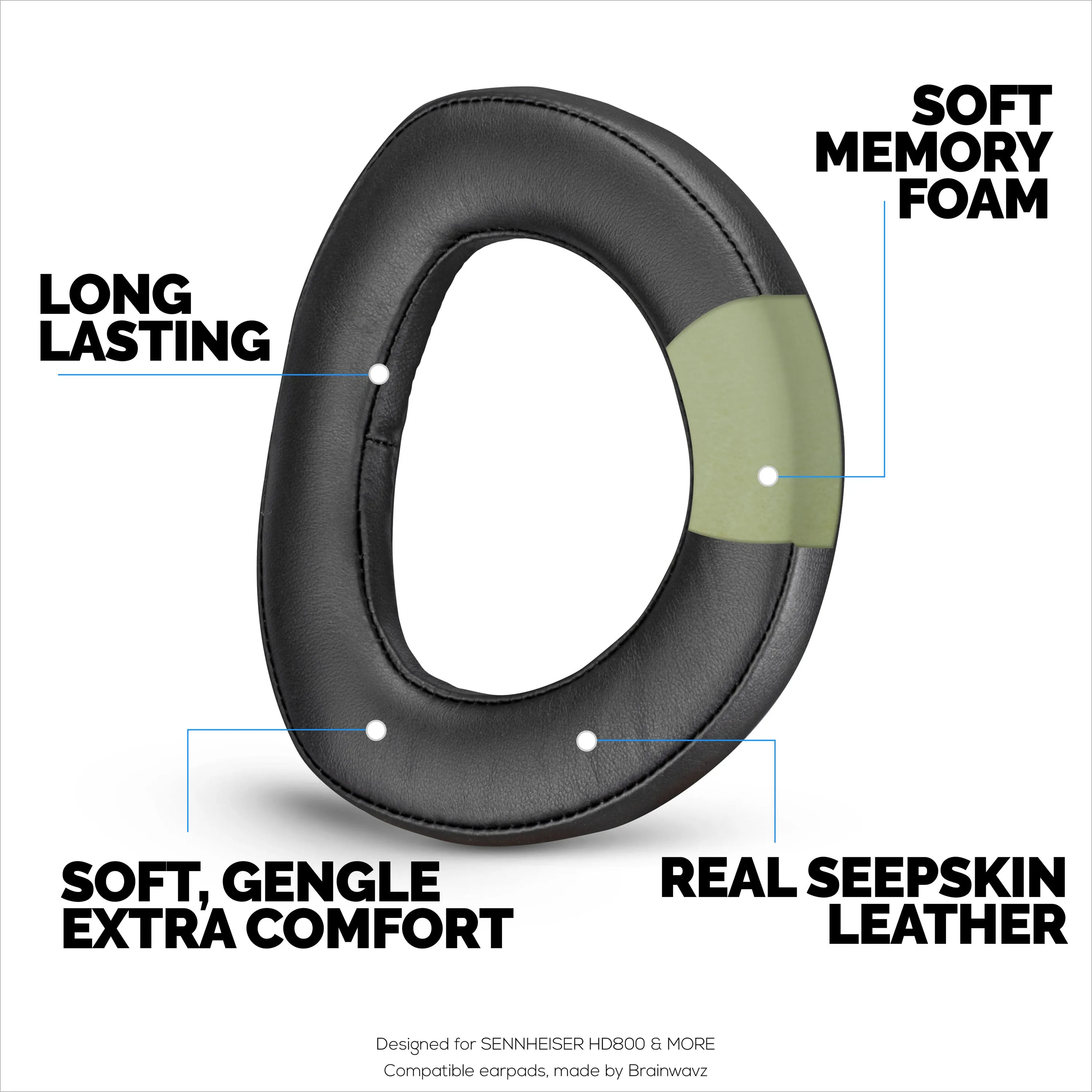 Sheepskin Earpads for SENNHEISER HD800 & HD800S Headphones, High Quality, Soft Real Leather & Memory Foam