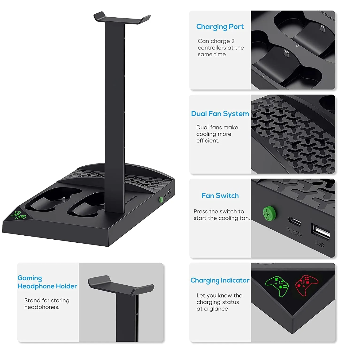 Upgraded Cooling Stand for Xbox Series S Console with Controller Charging Station - Dual Powerful Cooling Fan & Controller Charger Dock with 2 X 1400Mah Rechargeable Batteries, Headset Holder for XSS