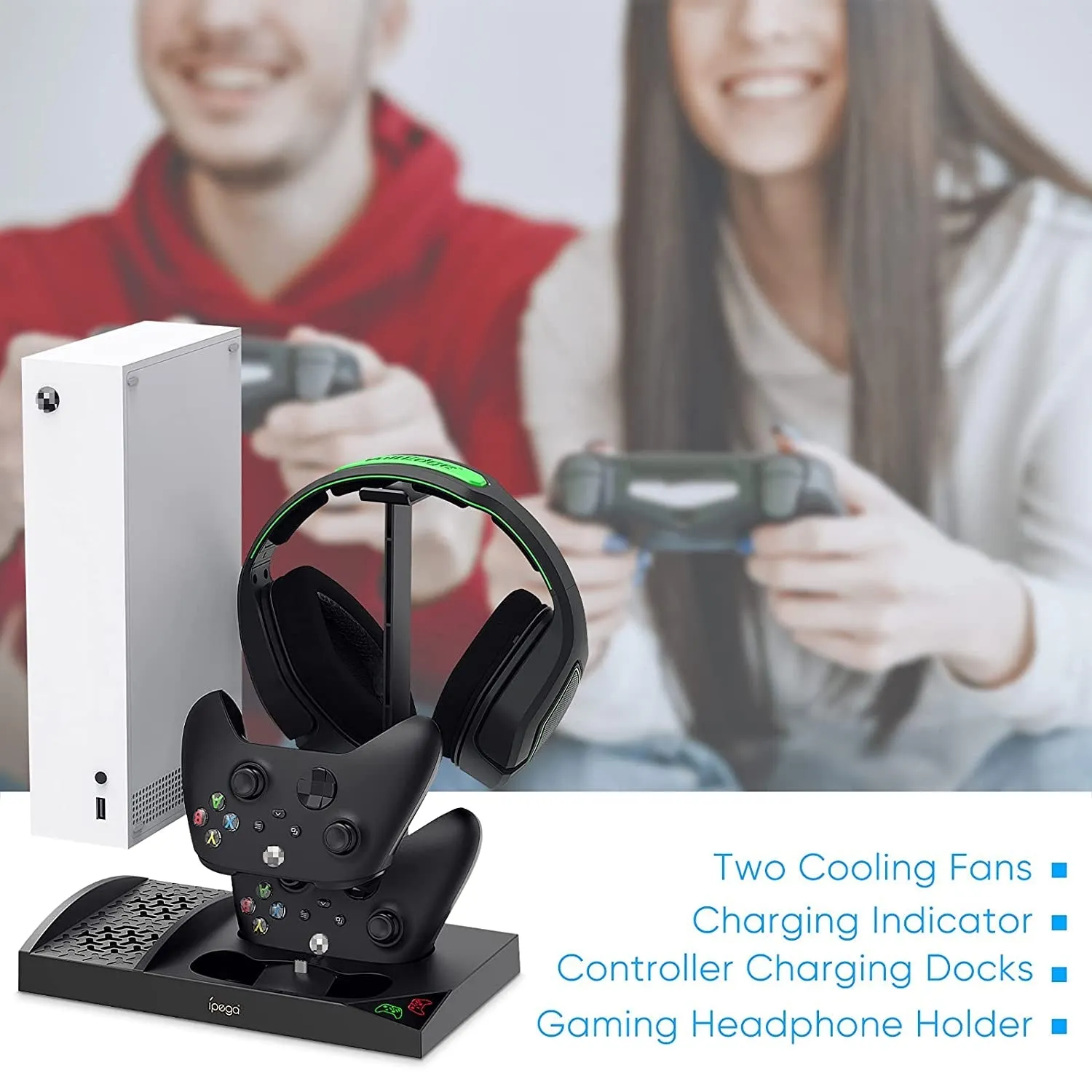 Upgraded Cooling Stand for Xbox Series S Console with Controller Charging Station - Dual Powerful Cooling Fan & Controller Charger Dock with 2 X 1400Mah Rechargeable Batteries, Headset Holder for XSS