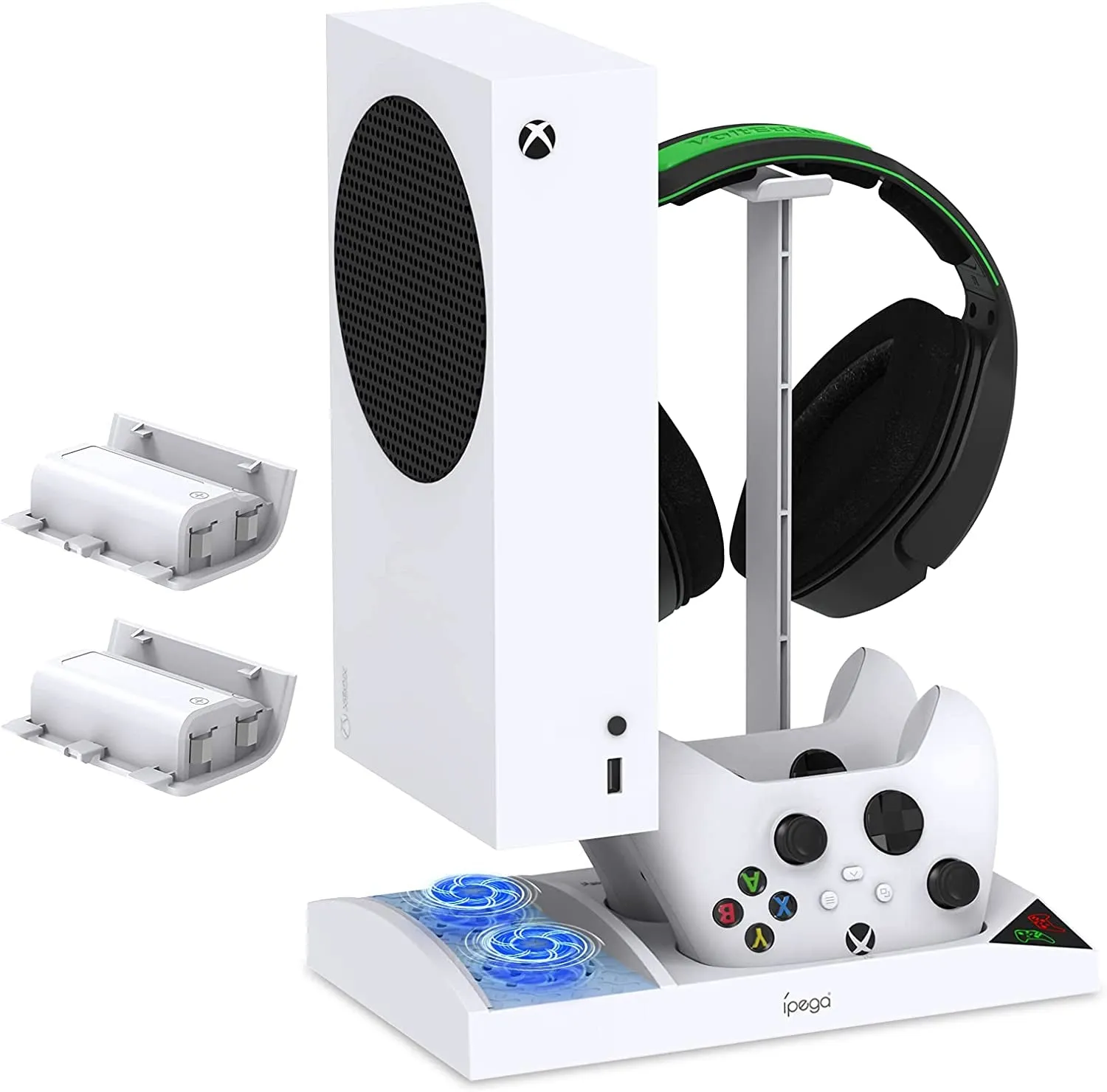 Upgraded Vertical Cooling Fan Stand for Xbox Series S, Cooler Fan System Dual Controller Charging Dock Station with 2 X 1400Mah Rechargeable Battery Pack, Headphone Bracket for Xbox Series S (White)