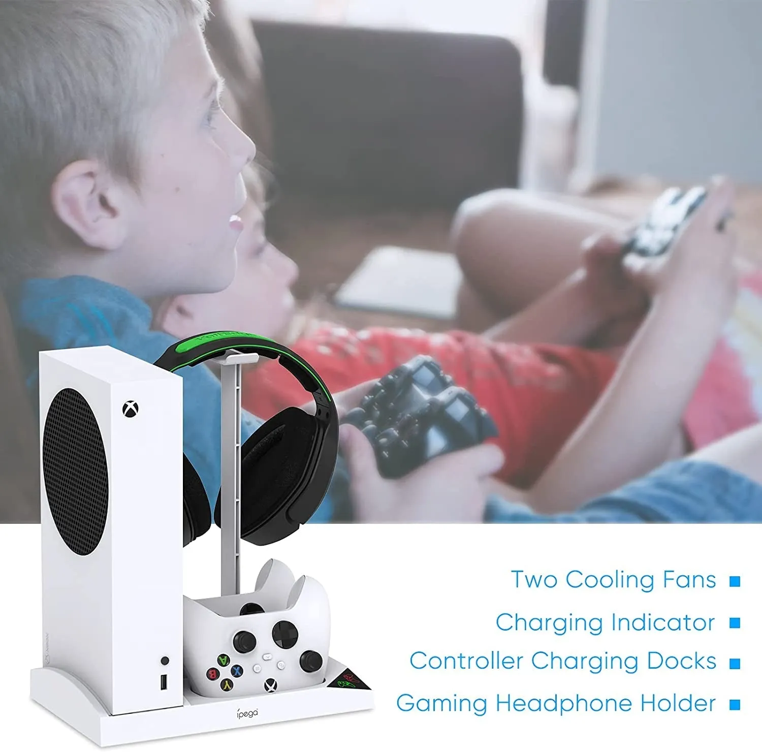 Upgraded Vertical Cooling Fan Stand for Xbox Series S, Cooler Fan System Dual Controller Charging Dock Station with 2 X 1400Mah Rechargeable Battery Pack, Headphone Bracket for Xbox Series S (White)