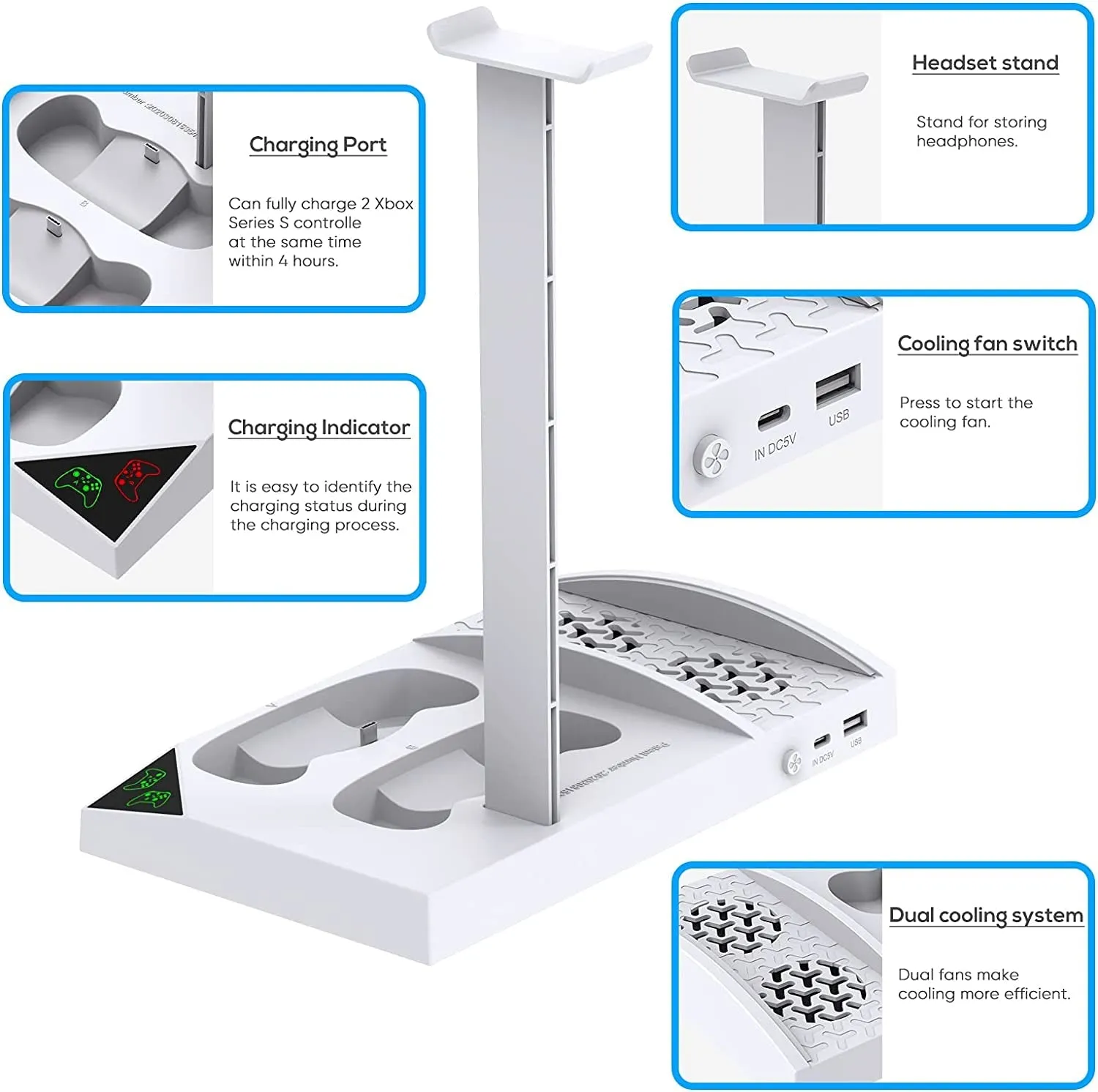 Upgraded Vertical Cooling Fan Stand for Xbox Series S, Cooler Fan System Dual Controller Charging Dock Station with 2 X 1400Mah Rechargeable Battery Pack, Headphone Bracket for Xbox Series S (White)